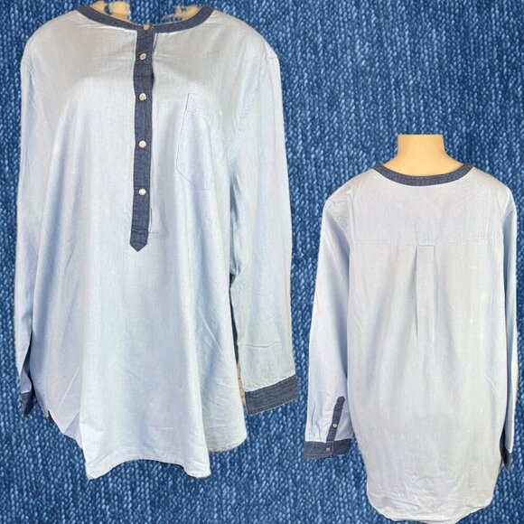Woman Within +30/32 Blue Crew Button Neck Denim Trim Long Sleeve Pull-Over Shirt - Picture 1 of 6